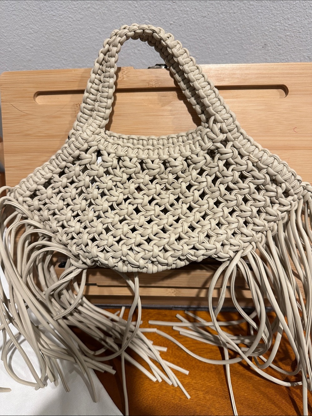 Yuzefi Cream Woven Fringe Shoulder Bag